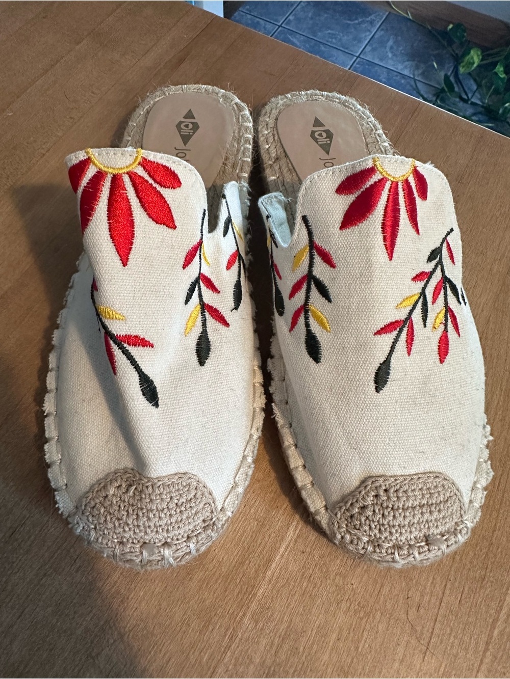 Embroidered Cream Slip-On Espadrille Mules with Red & Black Floral Detail